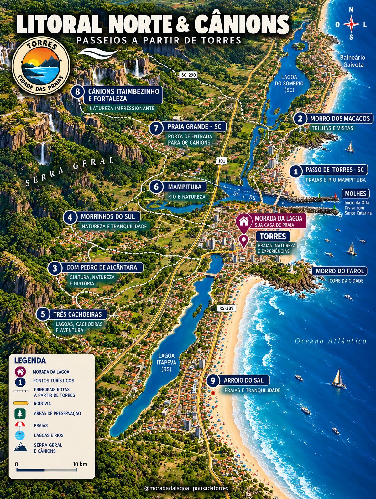 Mapa ilustrado do litoral norte gaúcho e dos cânions da Serra Geral, com a Morada da Lagoa e os passeios de bate-volta a partir de Torres
