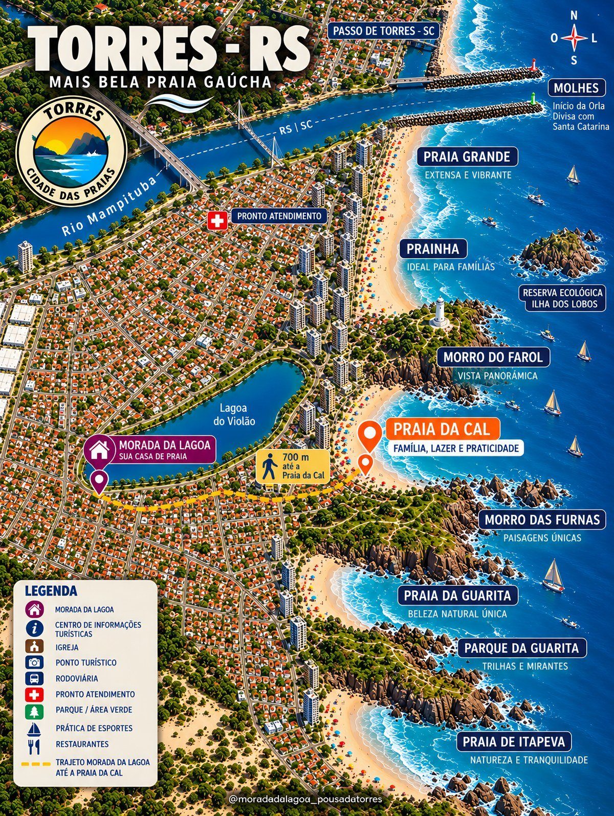 Mapa ilustrado de Torres, do Rio Mampituba à Praia de Itapeva, com a Morada da Lagoa ao lado da Lagoa do Violão
