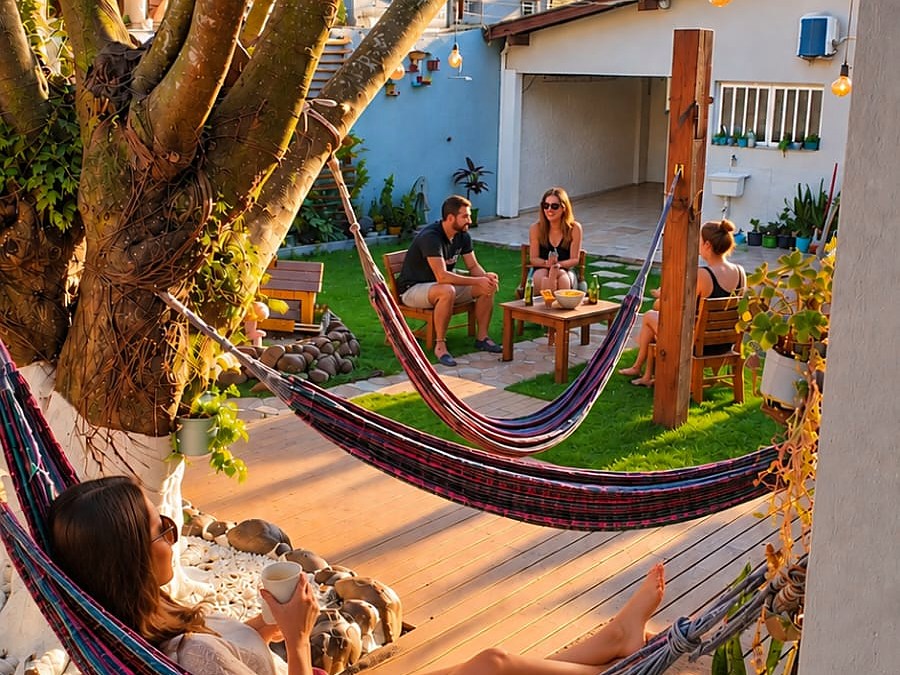 O fim de tarde da Morada da Lagoa — Redes, luzinhas e o pátio cheio no melhor horário do dia